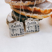 hand stamped faith hope love necklace